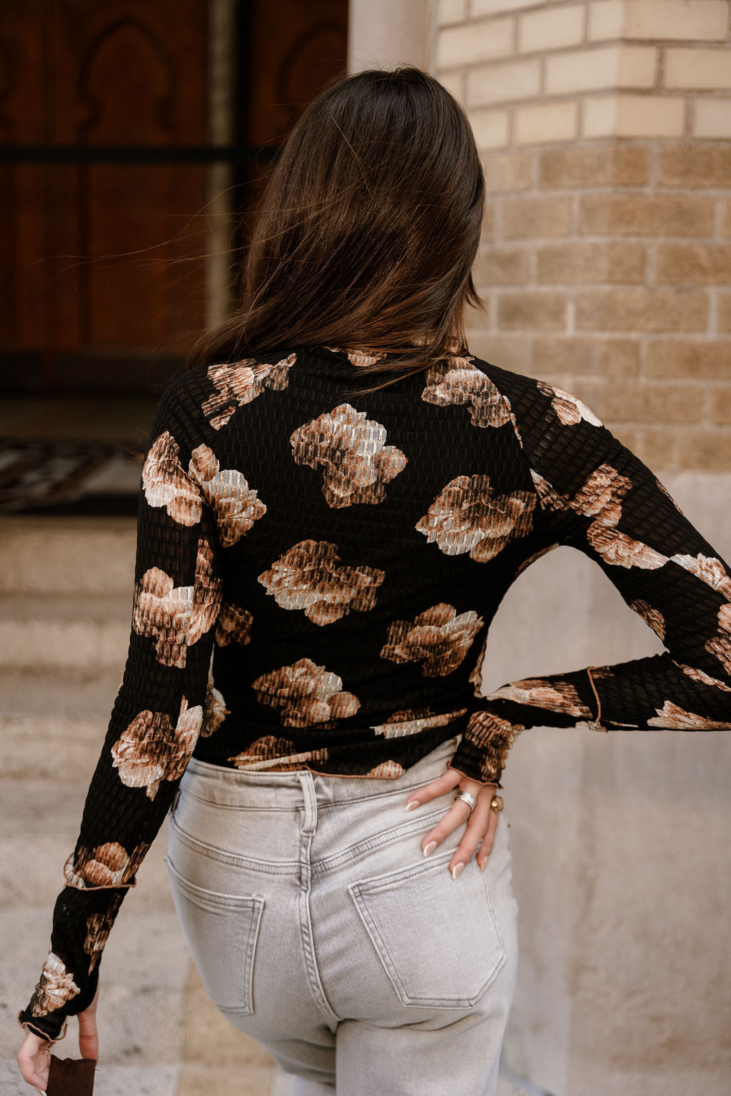 Destiny Black & Taupe Floral Smocked Top- close up back view