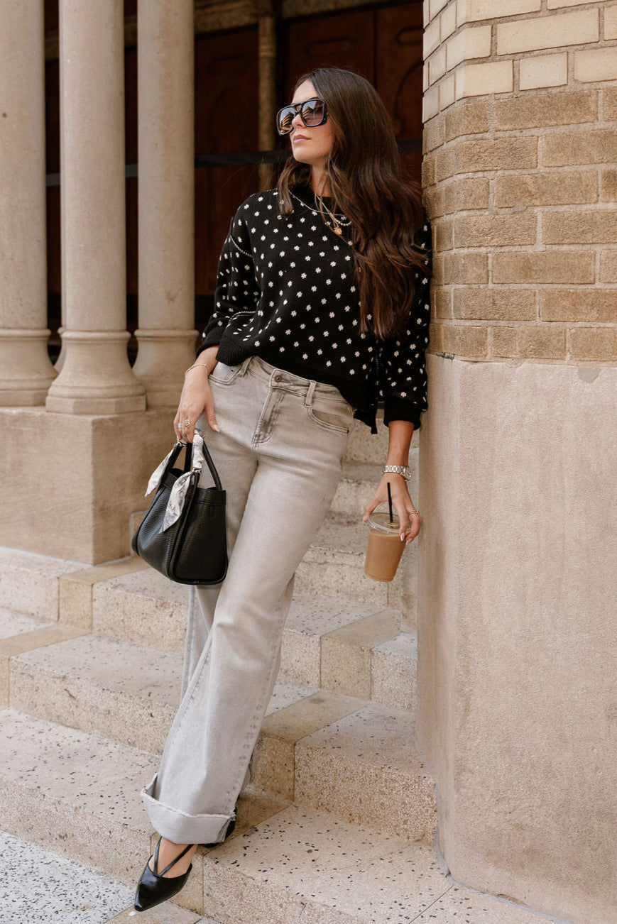 Meredith Black & White Polka Dot Knit Sweater- full body view