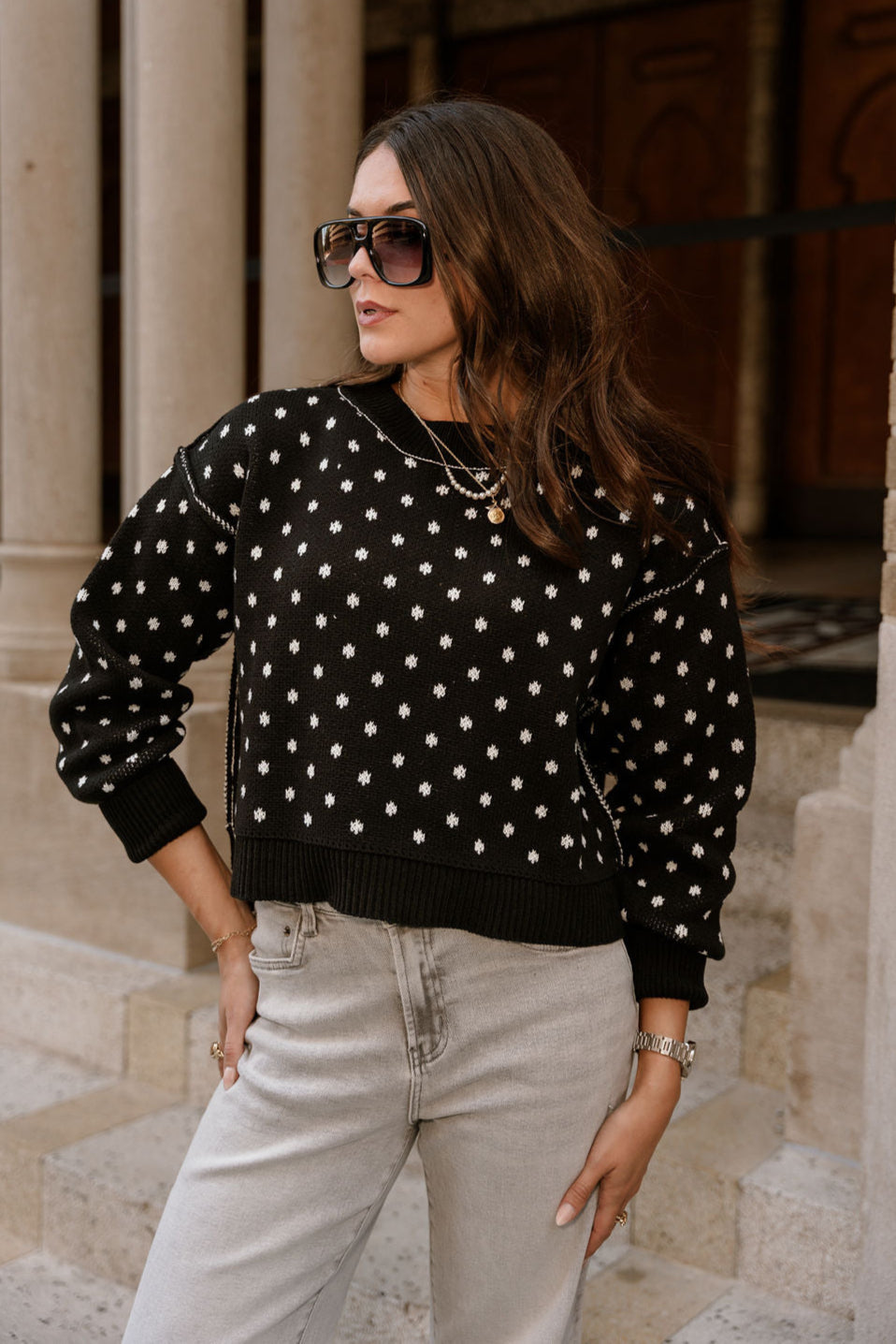 Meredith Black & White Polka Dot Knit Sweater- front view