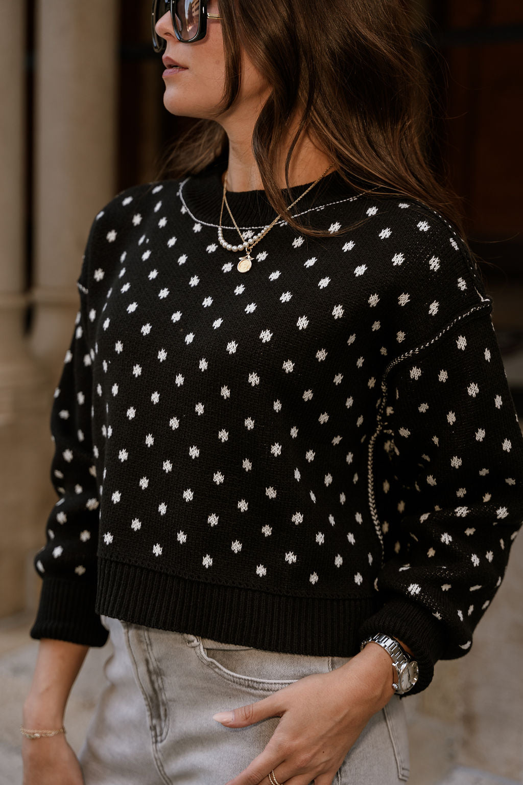 Meredith Black & White Polka Dot Knit Sweater- close up frontal side view