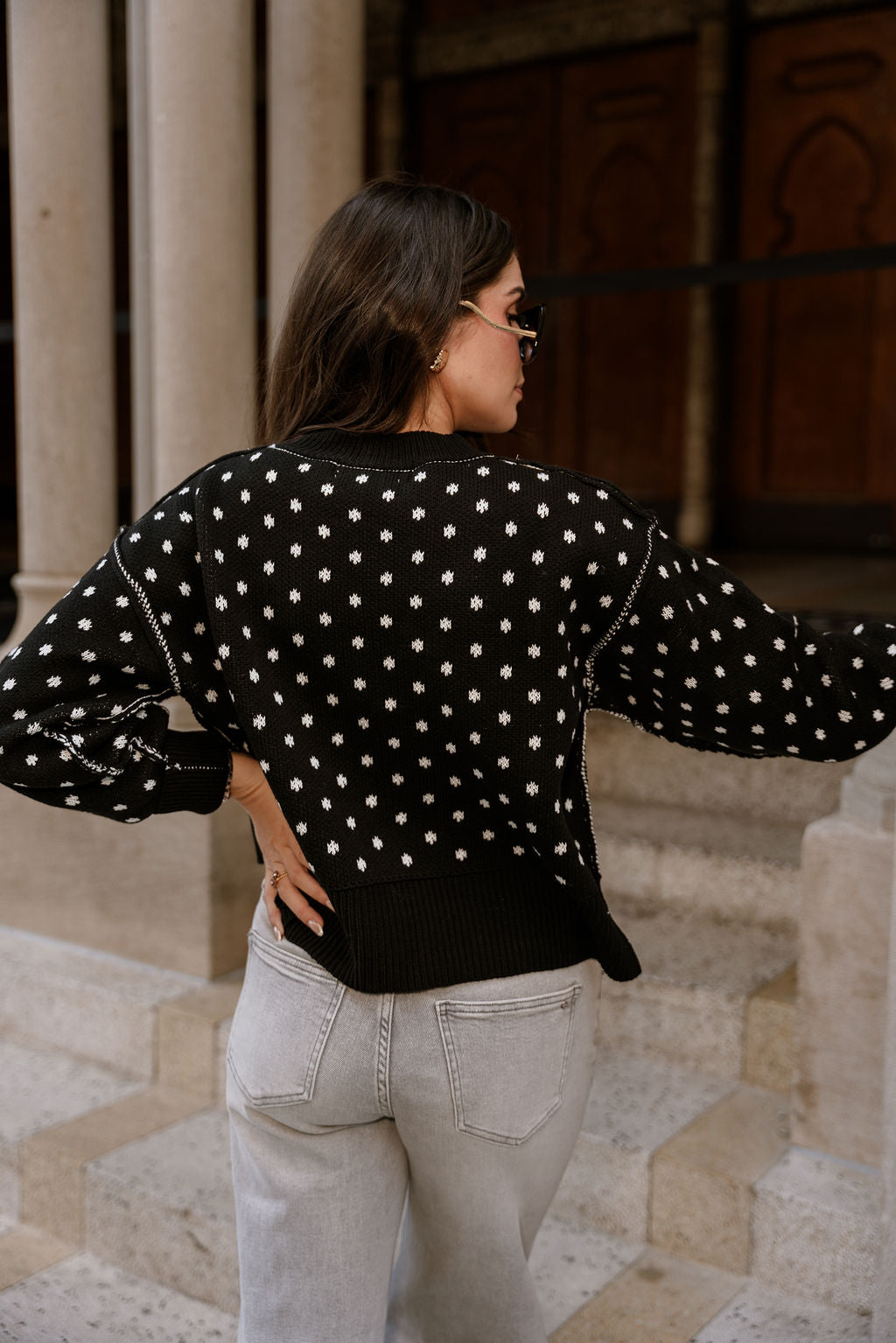 Meredith Black & White Polka Dot Knit Sweater- back view
