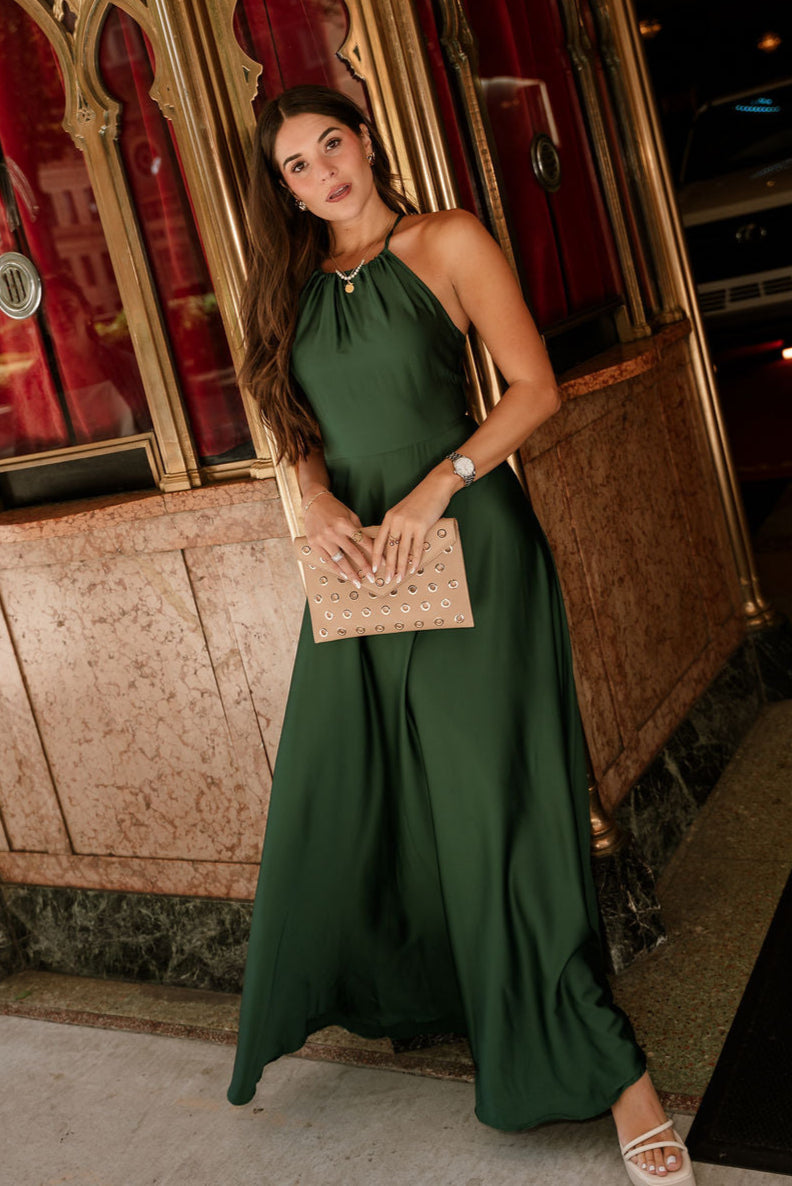 Lena Hunter Green Satin Maxi Dress- full body view