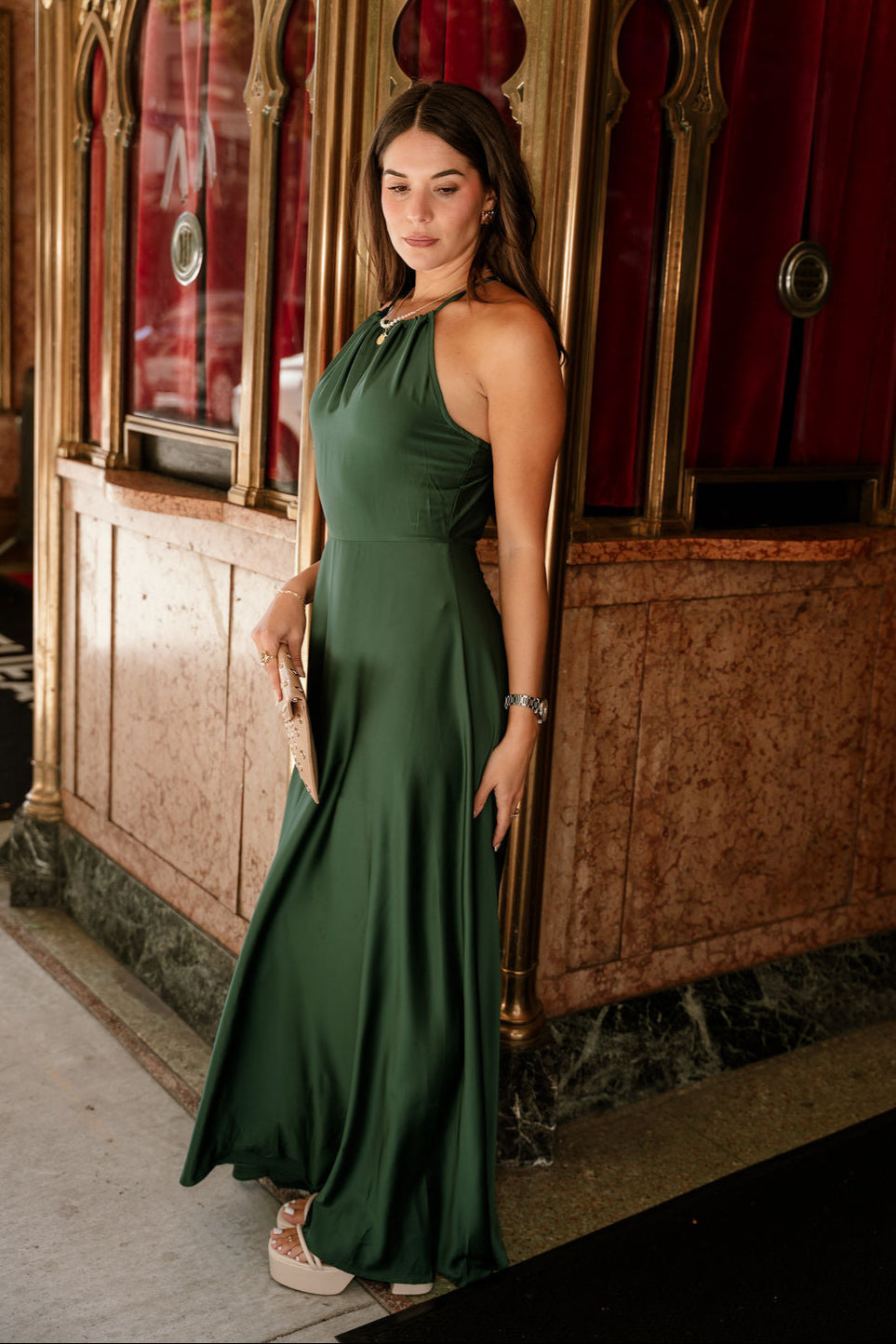 Lena Hunter Green Satin Maxi Dress- frontal side view