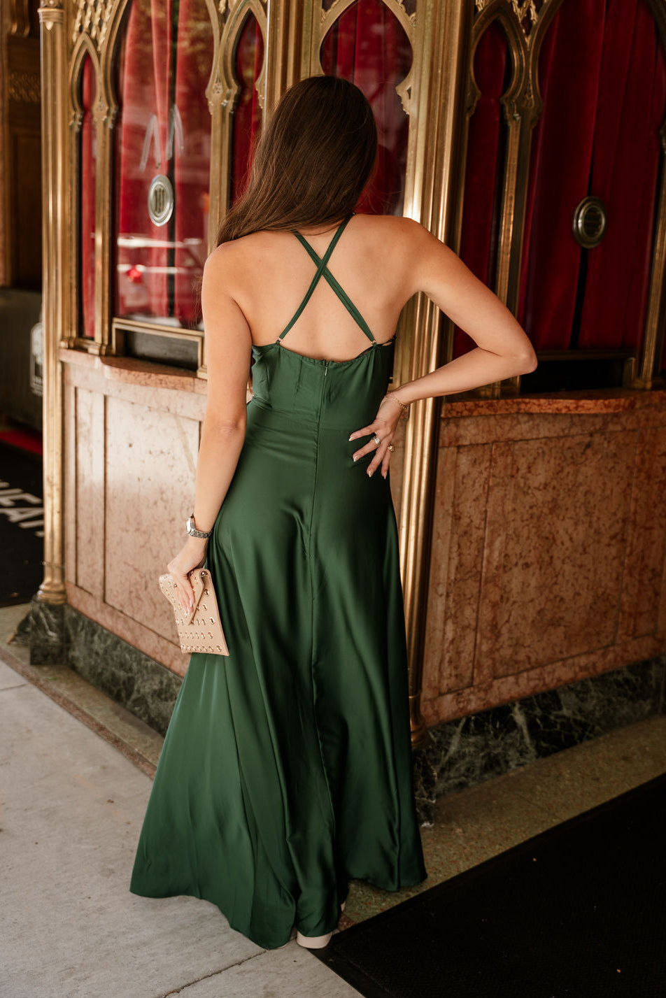 Lena Hunter Green Satin Maxi Dress- full back view