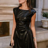 Addison Black Leather Cinched Mini Dress- frontal side view