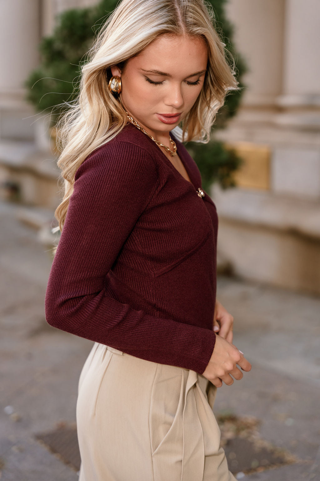 Leona Burgundy & Gold Chain Sweater- close up side view