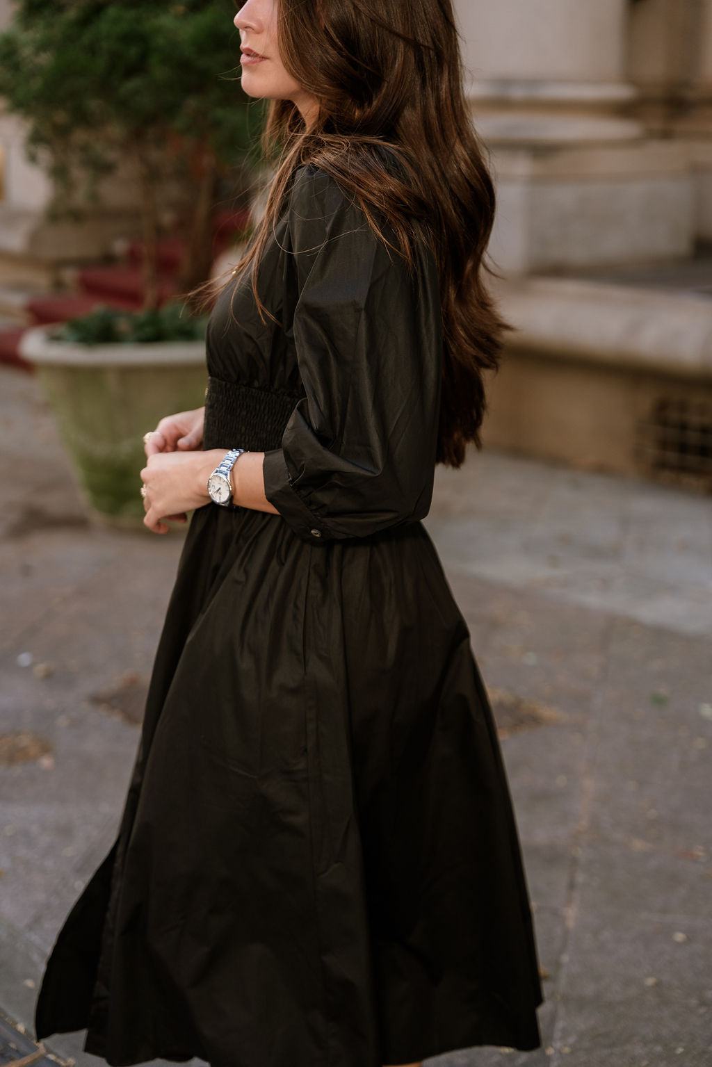 Aleena Black & Gold Zip-Up Midi Dress- close up side view
