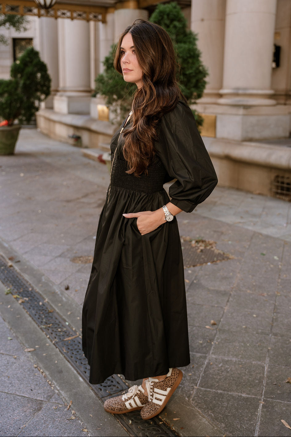 Aleena Black & Gold Zip-Up Midi Dress- full body side view