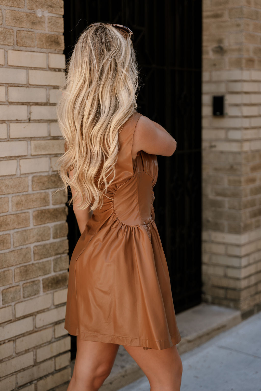 Addison Camel Leather Cinched Mini Dress - Lizard Thicket Addison Camel Leather Cinched Mini Dress - Lizard Thicket