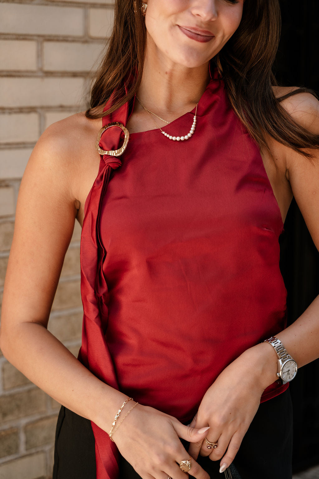 Madelyn Burgundy Satin & Gold Halter Tank- close up front view
