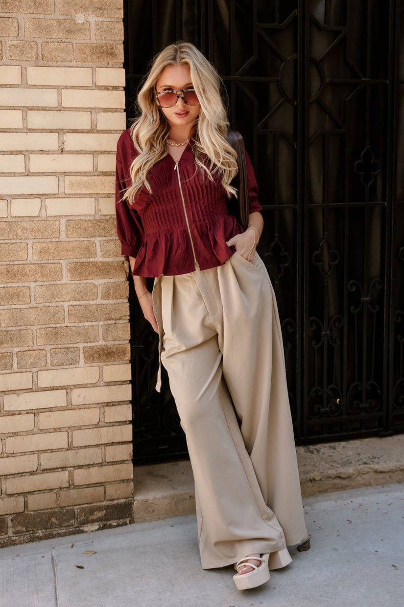 Elianna Burgundy Pleated Zip-Up Top- full body view
