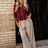 Elianna Burgundy Pleated Zip-Up Top- full body view