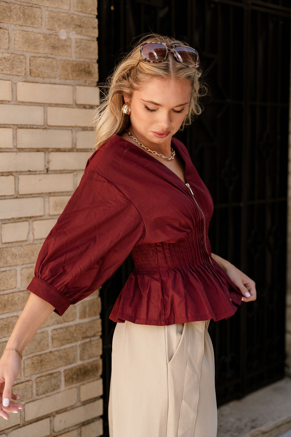 Elianna Burgundy Pleated Zip-Up Top- side view