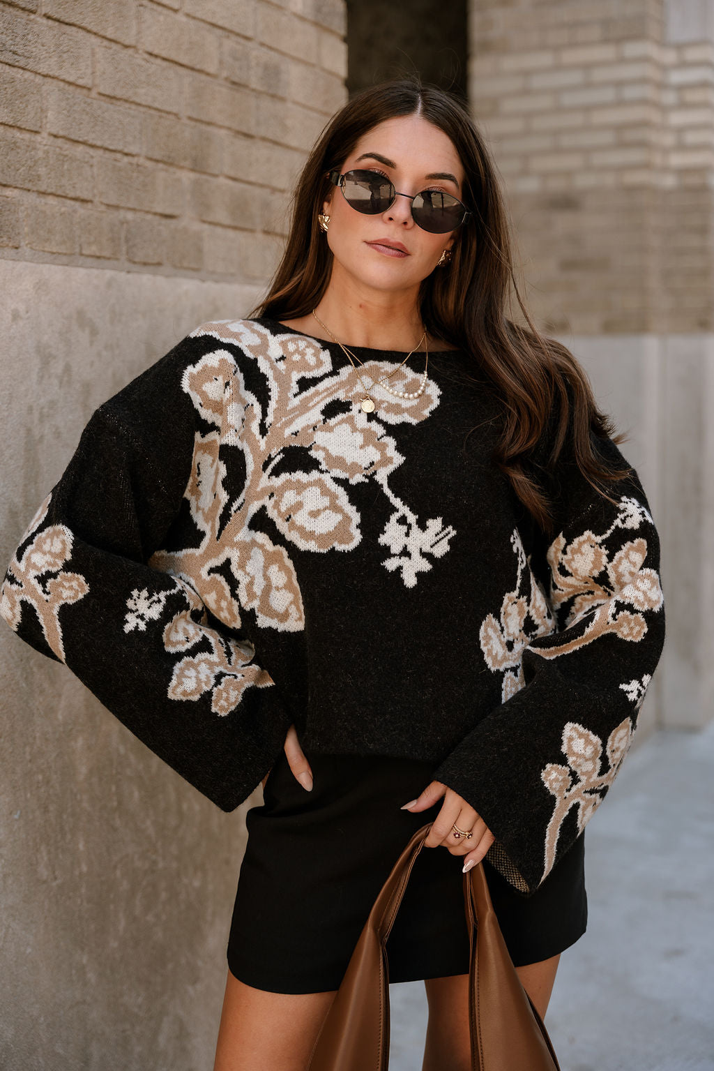 Adley Black & Taupe Floral Knit Sweater- front top view