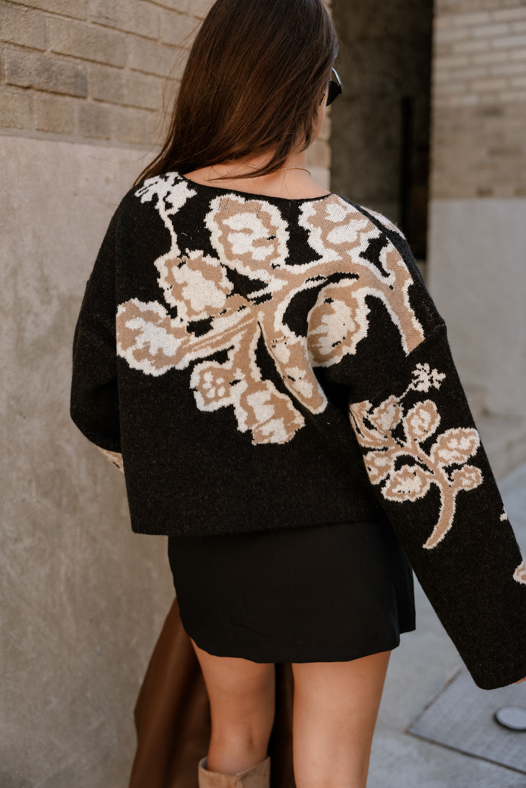 Adley Black & Taupe Floral Knit Sweater- close up back view