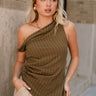 Kira Olive Stripe One Shoulder Asymmetrical Tank- front view