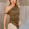 Kira Olive Stripe One Shoulder Asymmetrical Tank- frontal side view