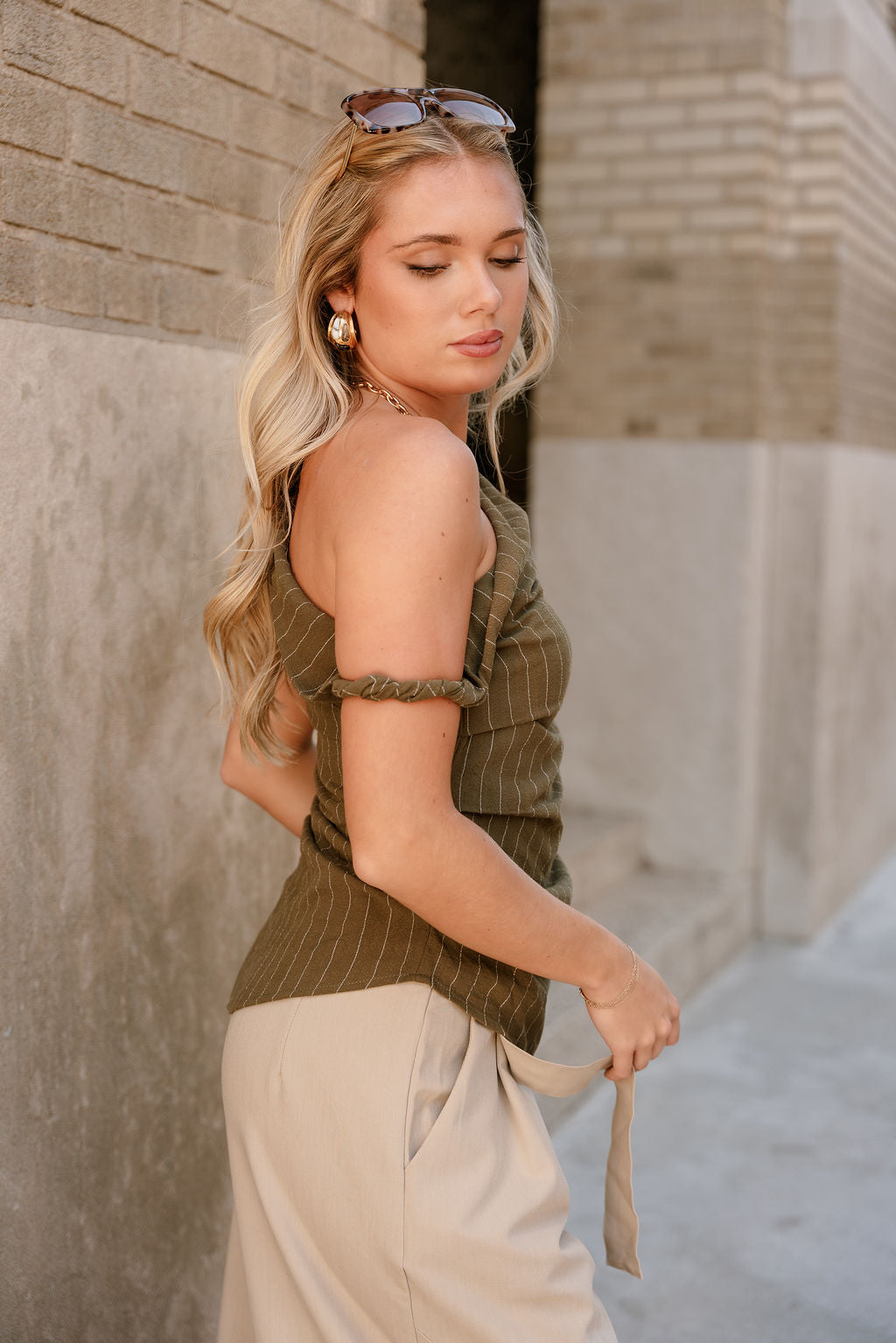 Kira Olive Stripe One Shoulder Asymmetrical Tank- close up side view