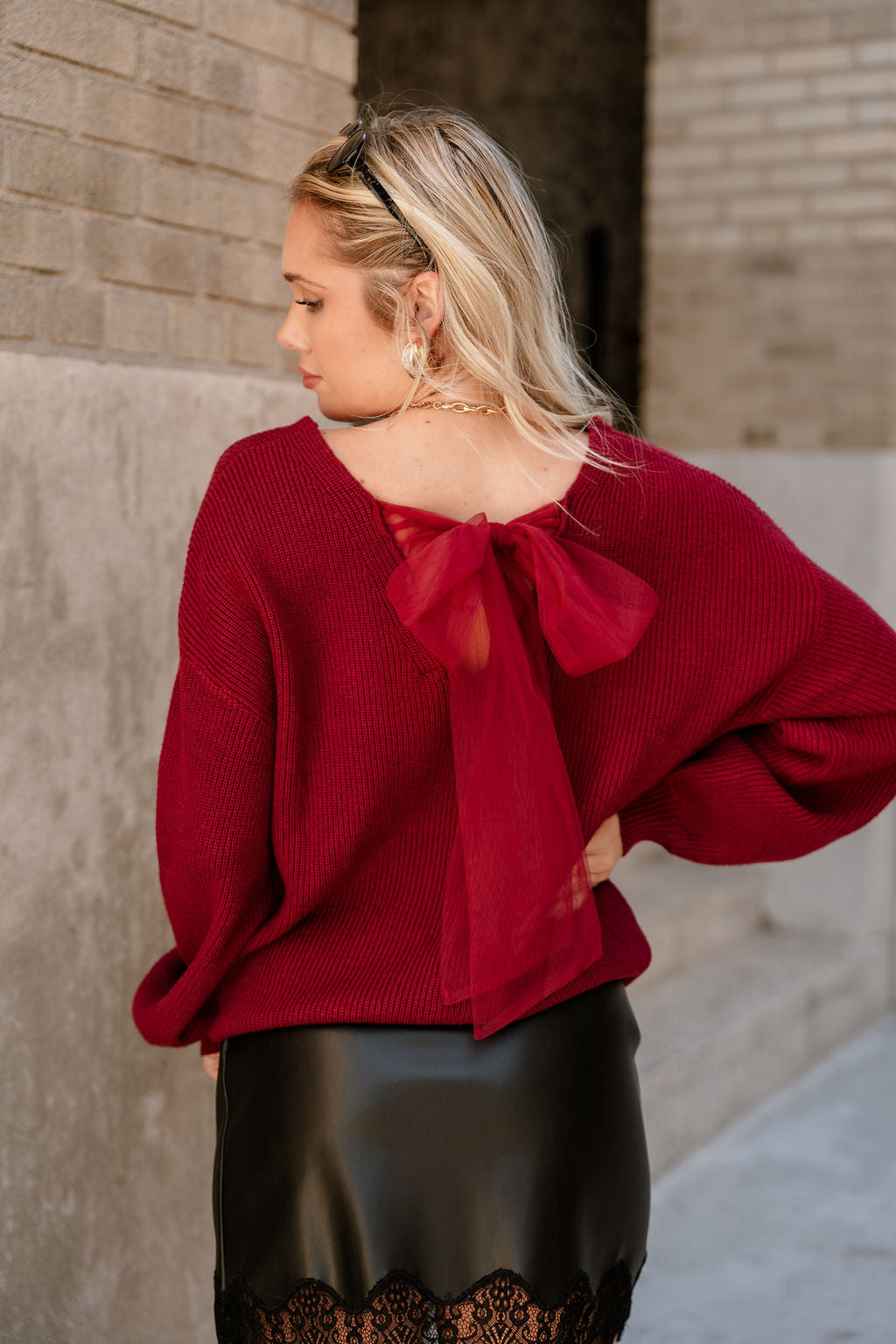 Alicia Deep Red Back Bow Sweater- close up back view