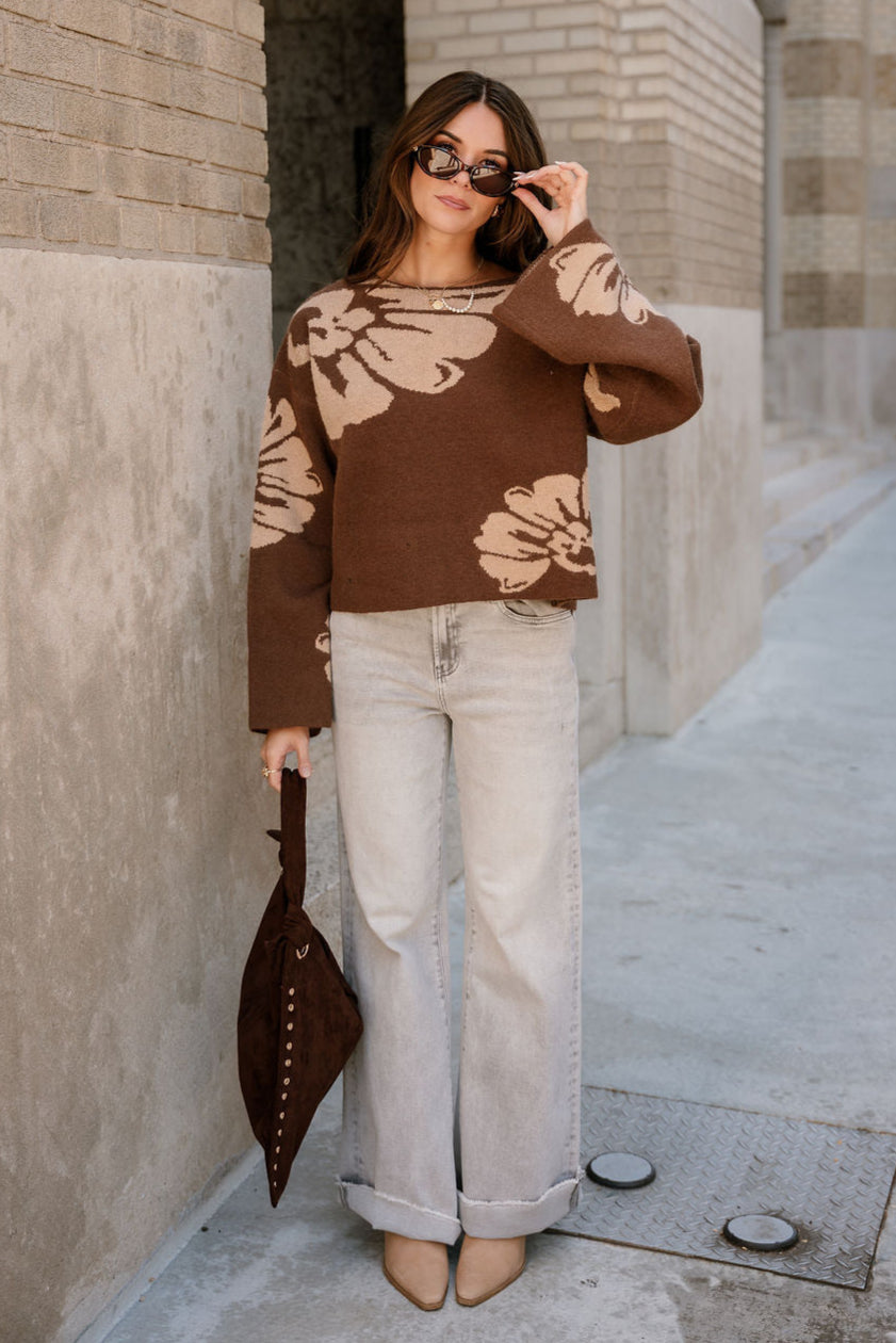 Estelle Brown & Beige Floral Knit Sweater- full body view