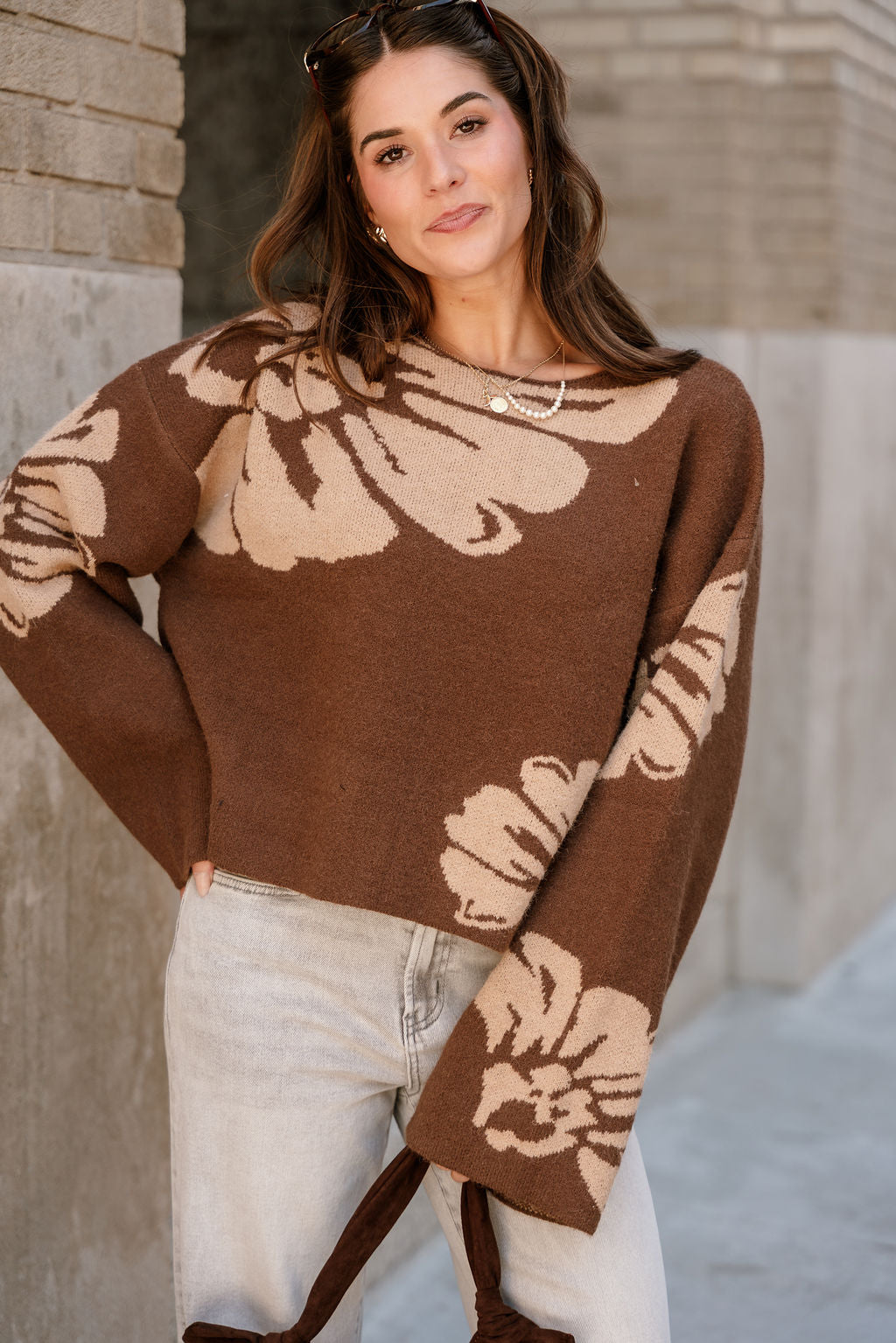 Estelle Brown & Beige Floral Knit Sweater- front view