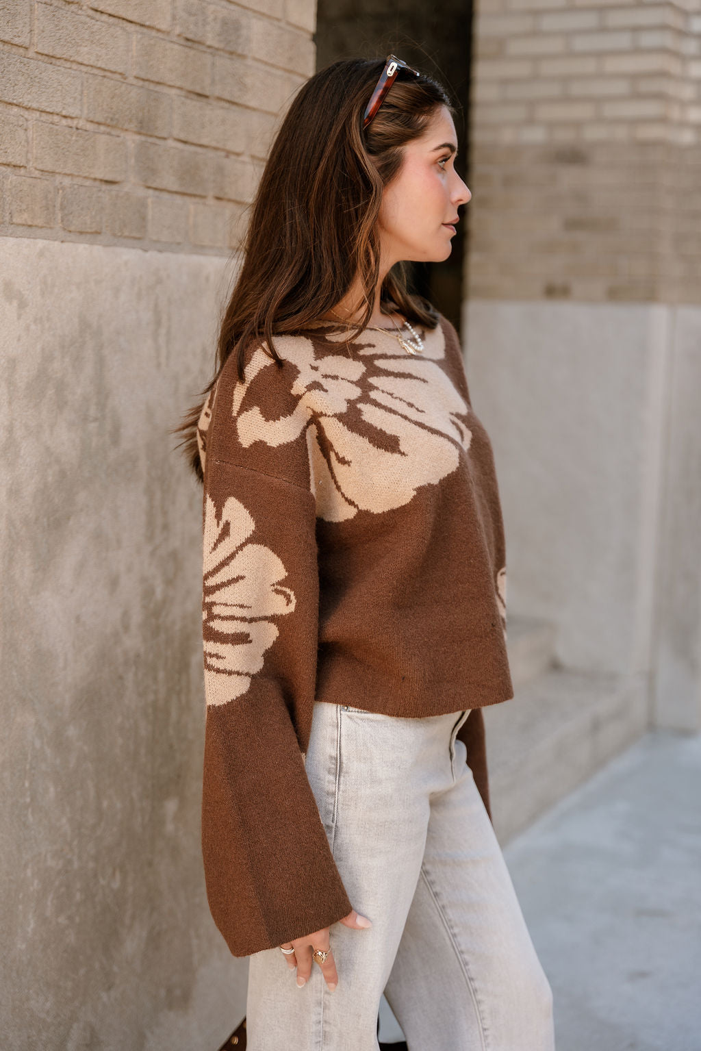 Estelle Brown & Beige Floral Knit Sweater- side view