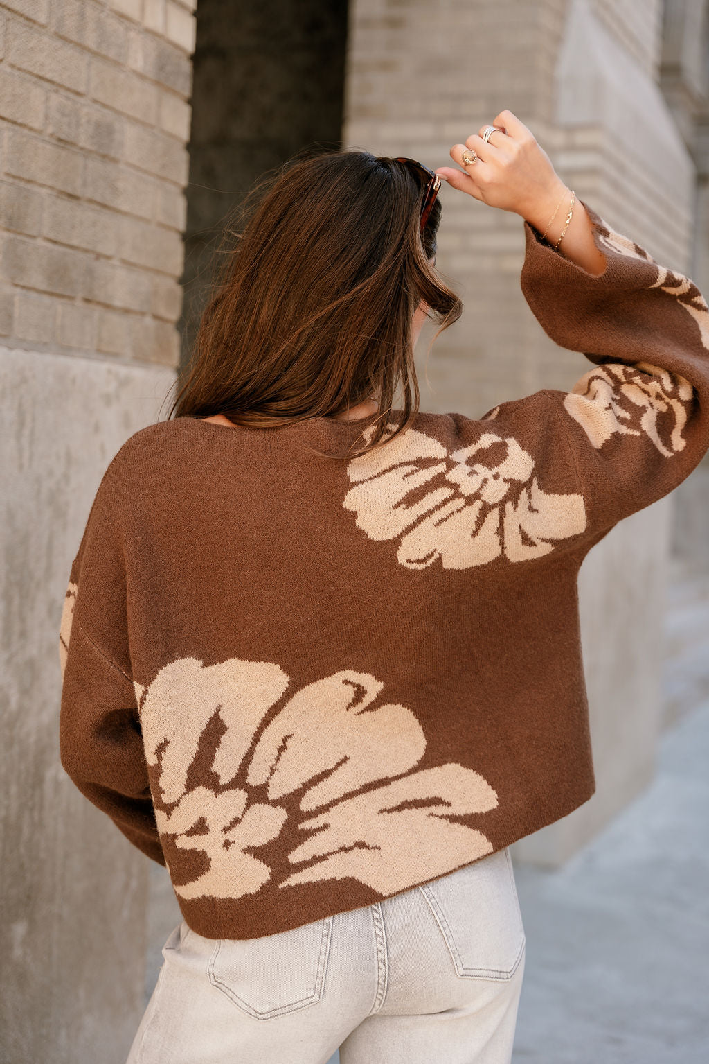 Estelle Brown & Beige Floral Knit Sweater- close up back view