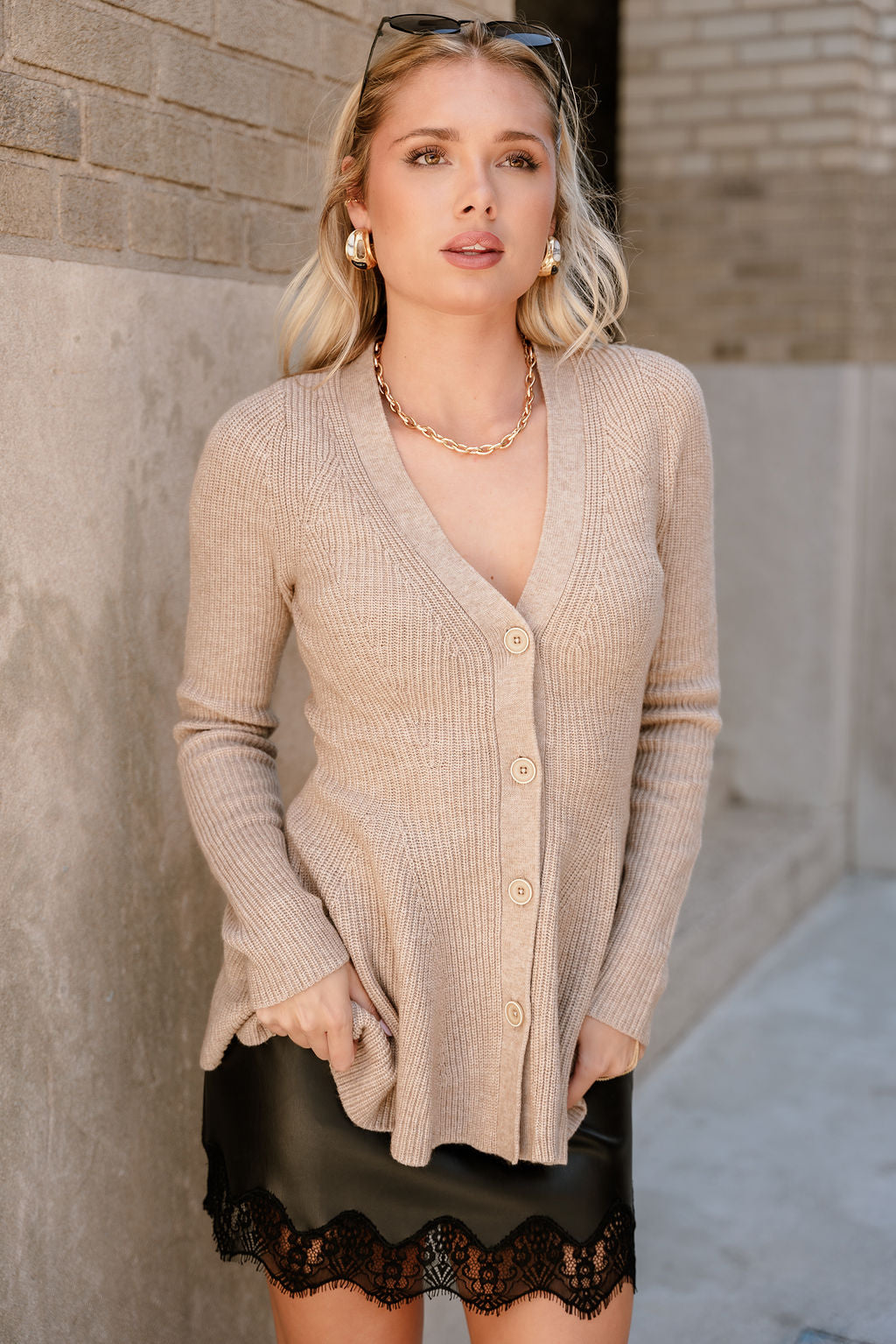 Elaina Taupe Knit Flare Cardigan- front top view