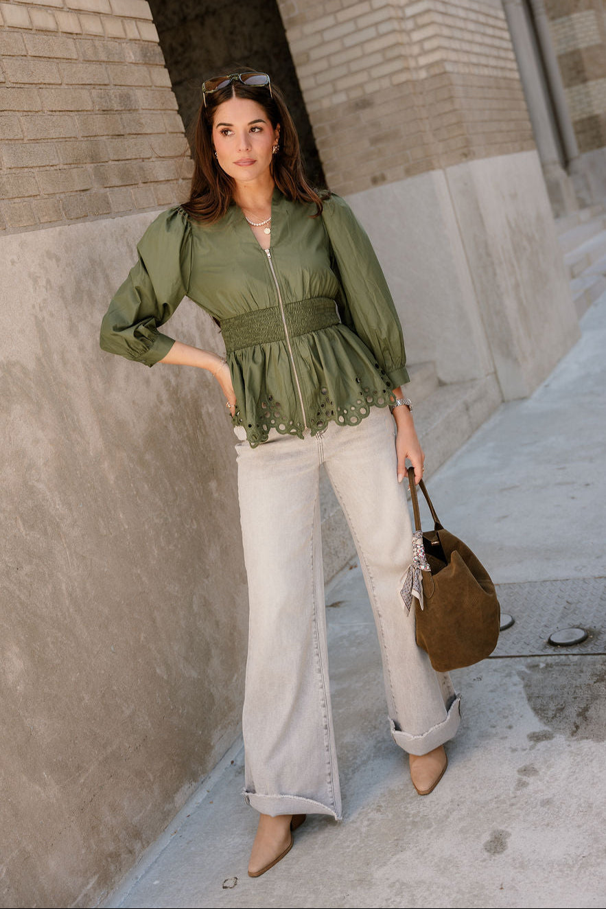 Palmer Olive Green Eyelet Zip-Up Top- full body view