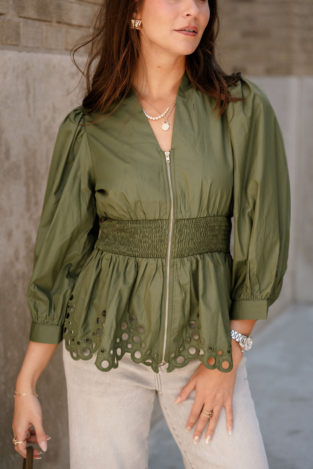 Palmer Olive Green Eyelet Zip-Up Top= top view