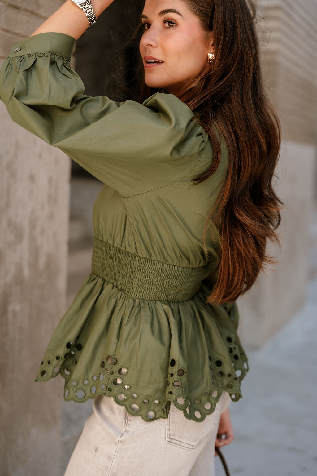 Palmer Olive Green Eyelet Zip-Up Top- close up side view
