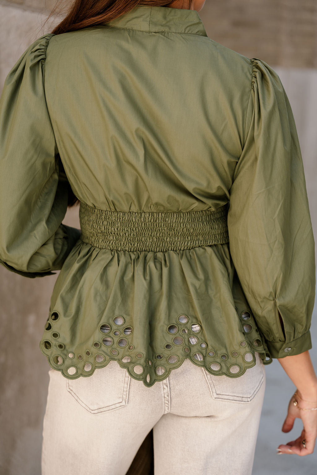 Palmer Olive Green Eyelet Zip-Up Top- back close up view