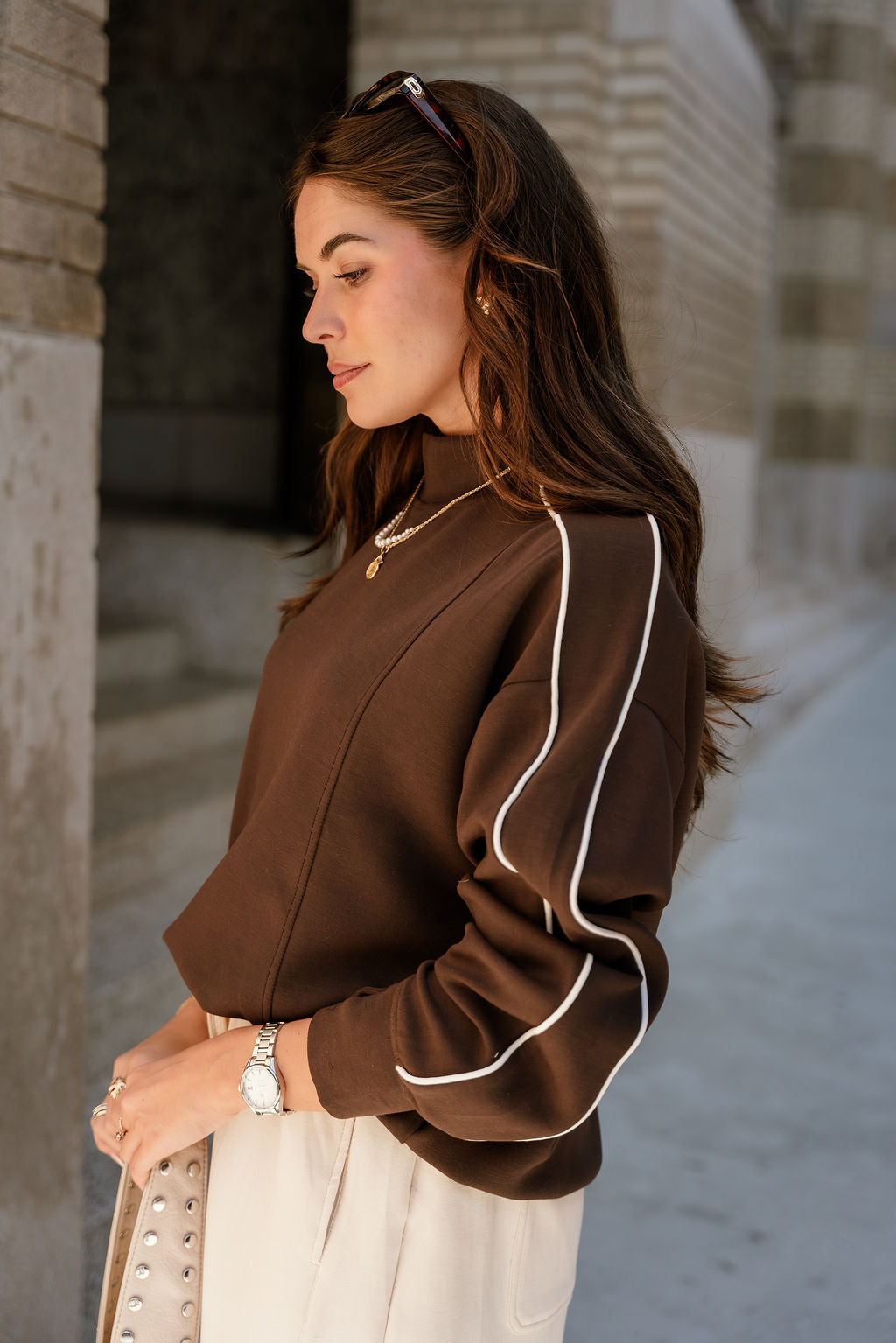 Murphy Espresso Brown & Cream Sweatshirt- close up side view