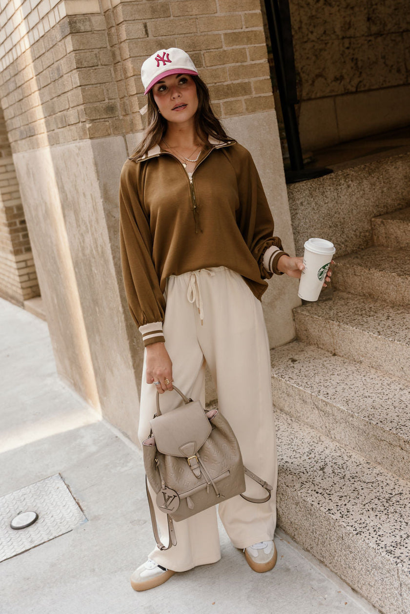 Dalia Olive Quarter Zip-Up Top - full front view
