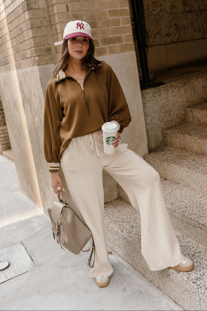 Dalia Olive Quarter Zip-Up Top - full body front view