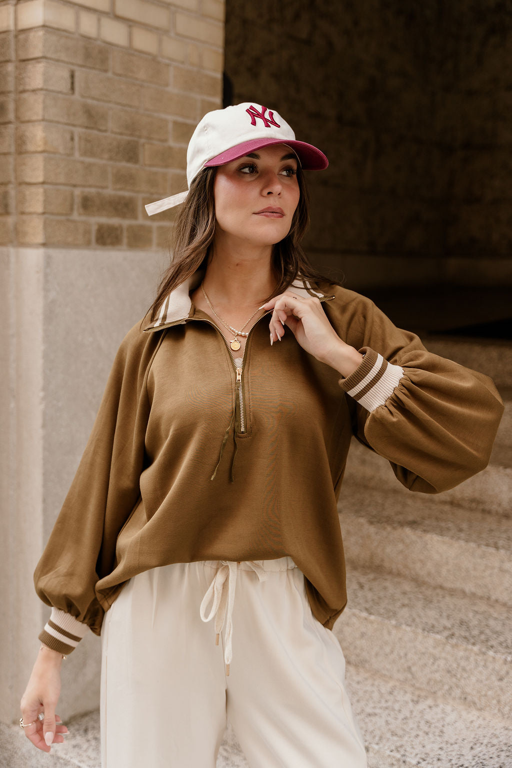 Dalia Olive Quarter Zip-Up Top - frontal view