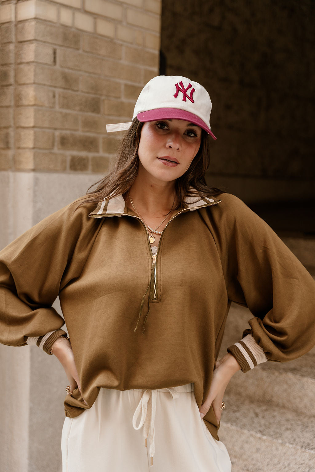 Dalia Olive Quarter Zip-Up Top - front view