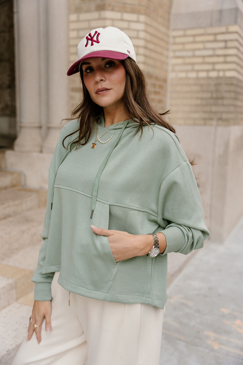 Emilia Light Sage Hoodie Sweatshirt- frontal side op view