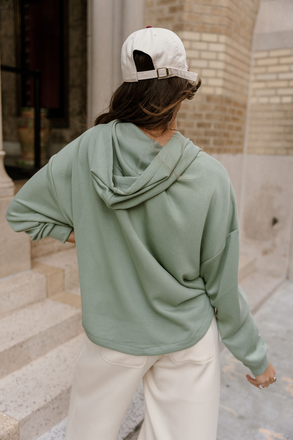 Emilia Light Sage Hoodie Sweatshirt- close up back view