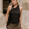 Madelyn Black Satin & Gold Halter Tank- front view