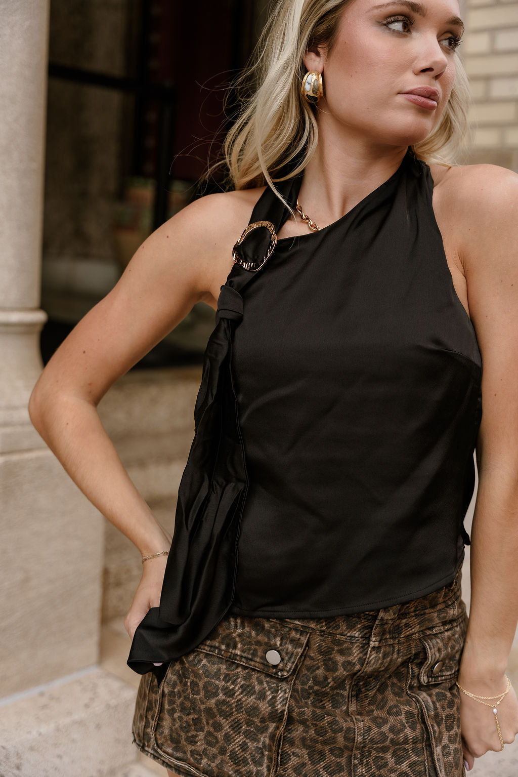 Madelyn Black Satin & Gold Halter Tank- close up front top view