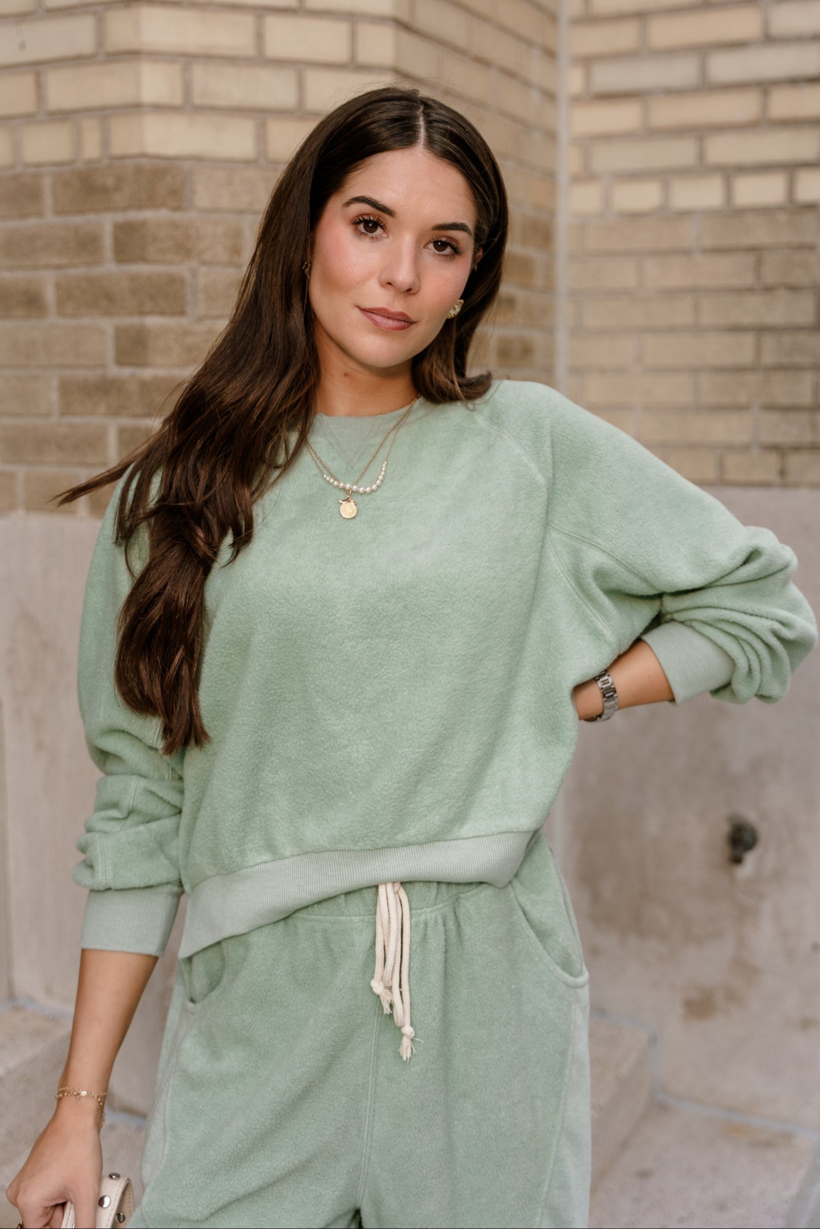 Journey Light Sage Long Sleeve Sweatshirt- front top view