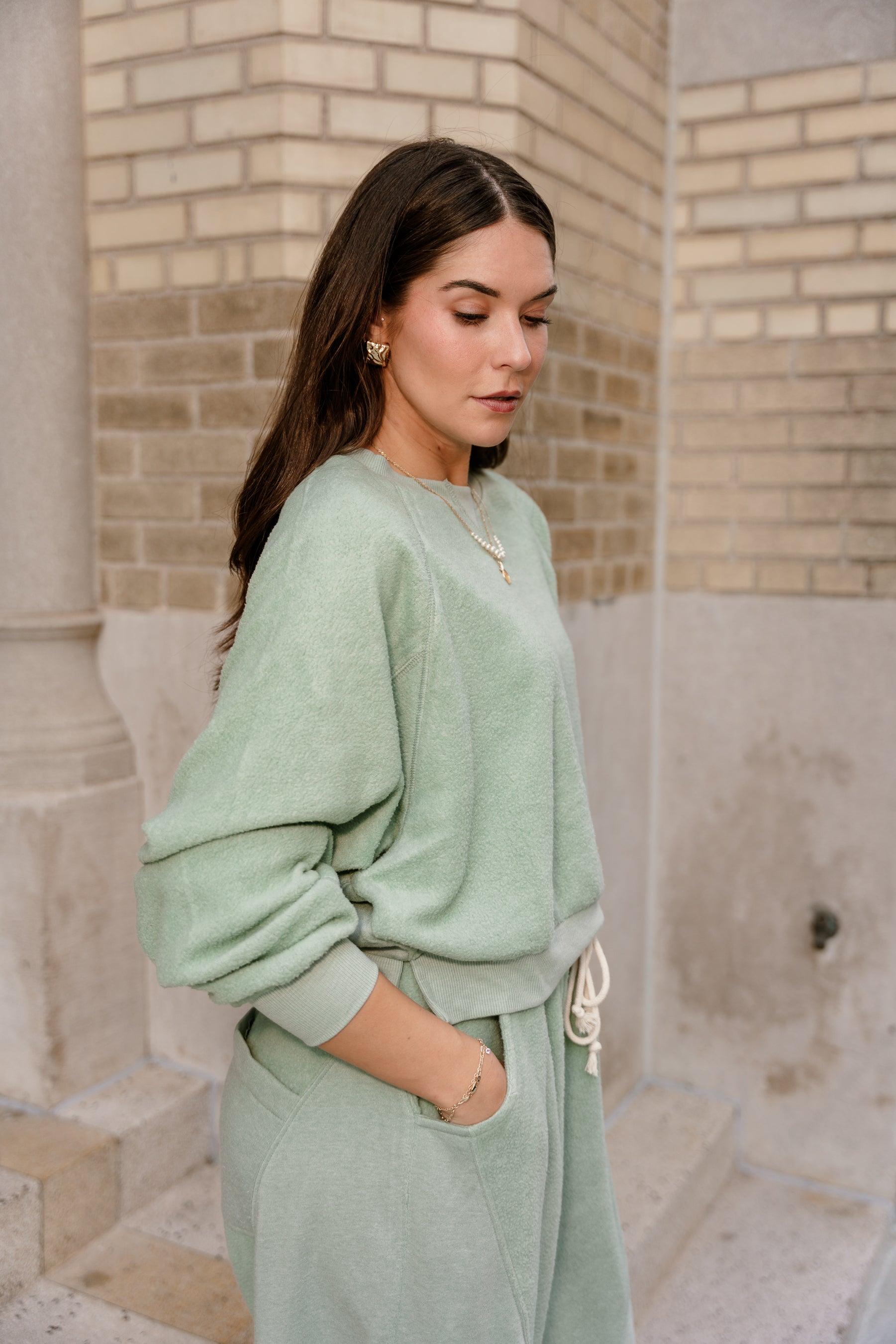 Journey Light Sage Long Sleeve Sweatshirt- side view