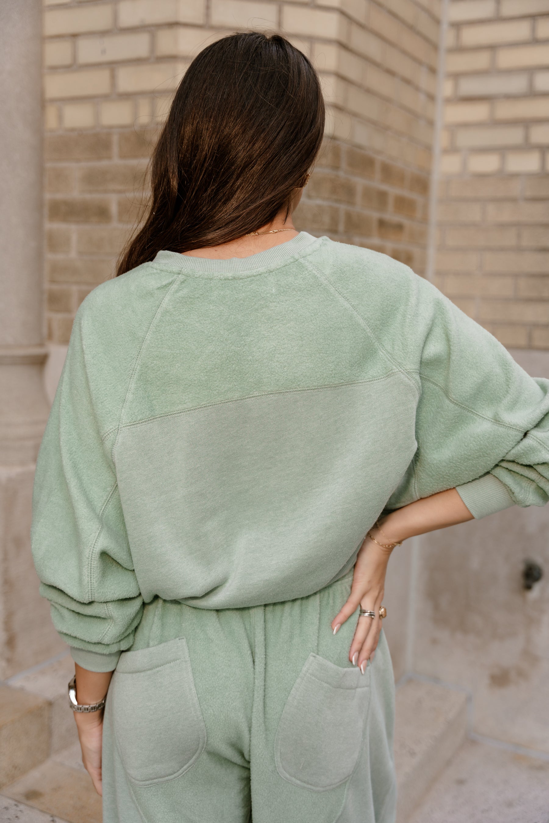Journey Light Sage Long Sleeve Sweatshirt- close up back view