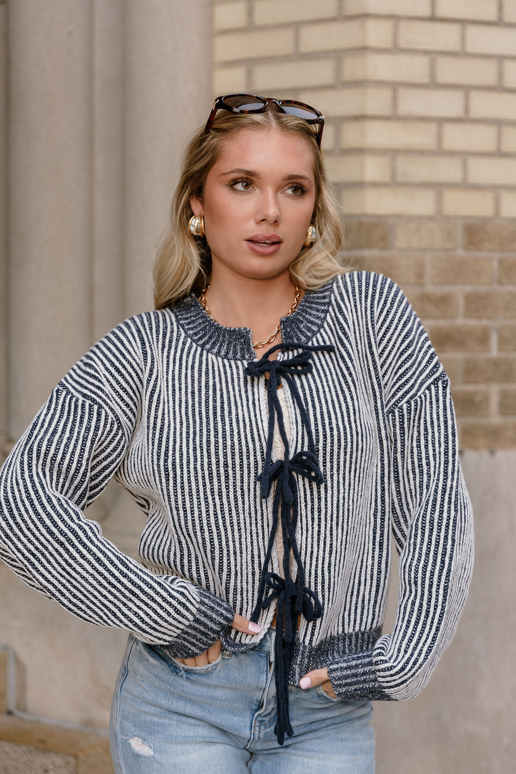 Jaclyn Navy Striped Tie-Front Sweater - front view