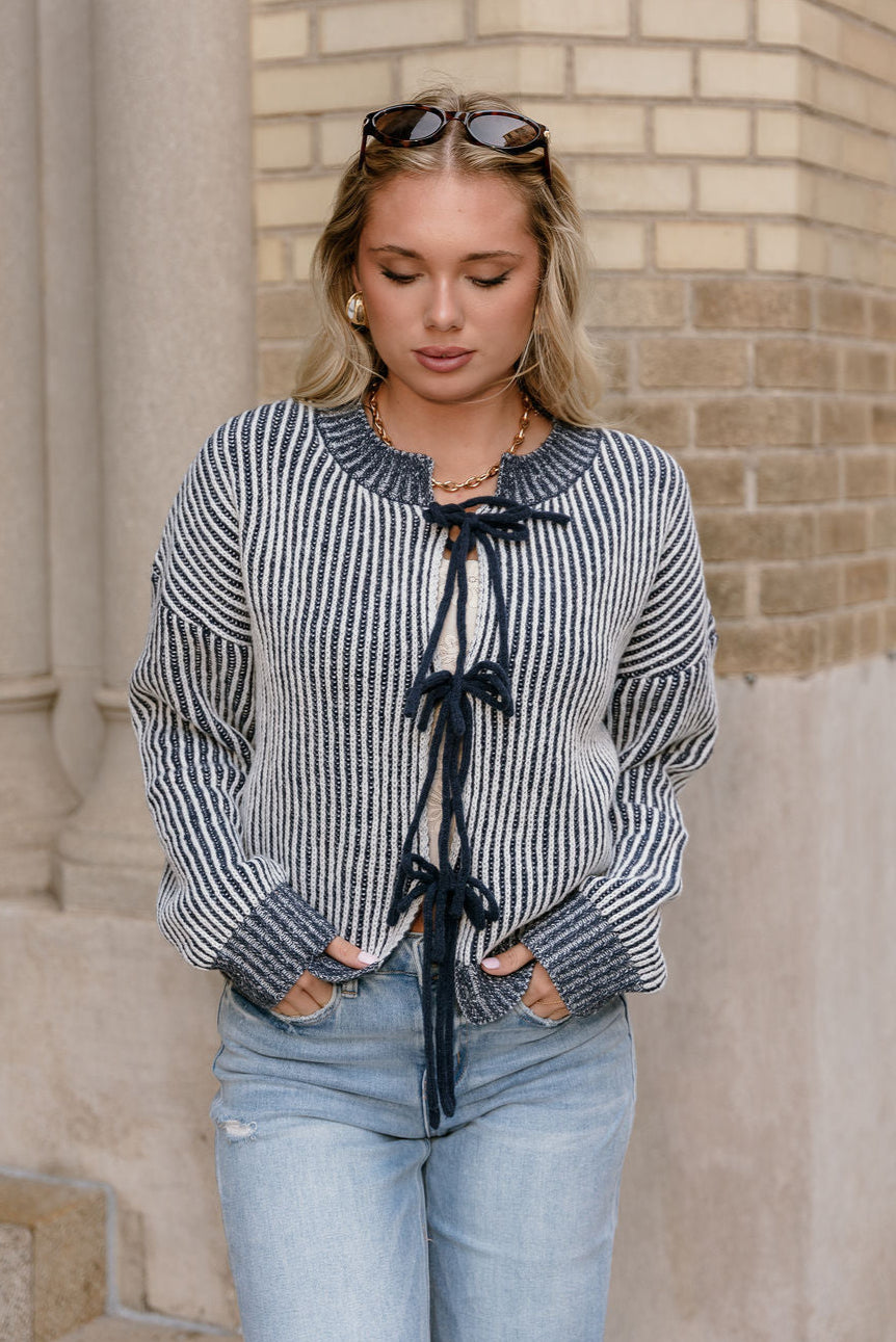 Jaclyn Navy Striped Tie-Front Sweater - front 