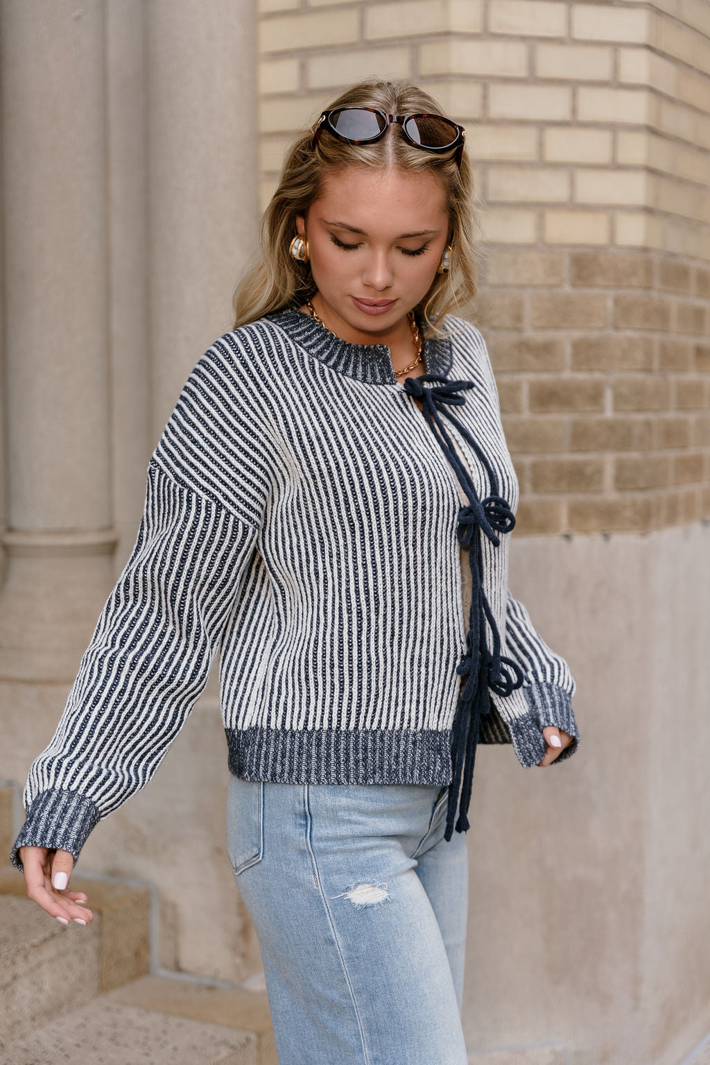 Jaclyn Navy Striped Tie-Front Sweater - frontal side view