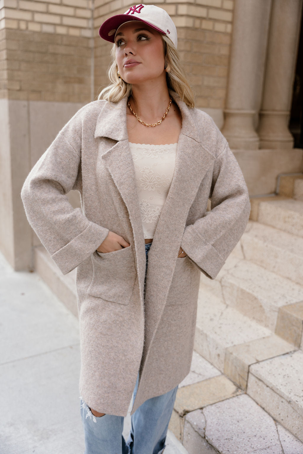 Farrah Oatmeal Knit Collared Jacket - front view