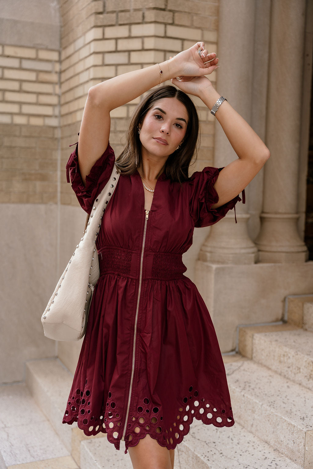 Jana Burgundy Eyelet Zip-Up Mini Dress - front