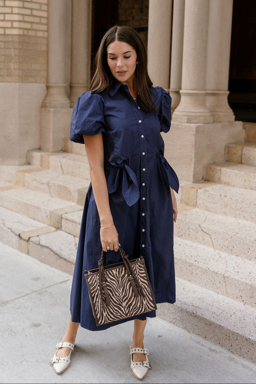 Lara Navy Short Sleeve Midi Dress - full body front view